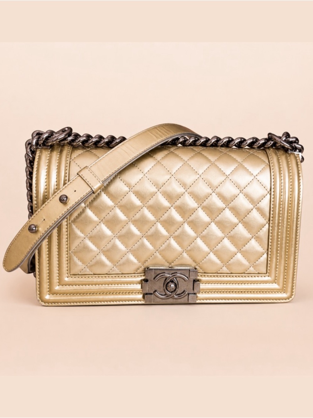 Chanel Old Medium Boy Flap Metallic Gold Patent Gunmetal HW Series 19 (2014)